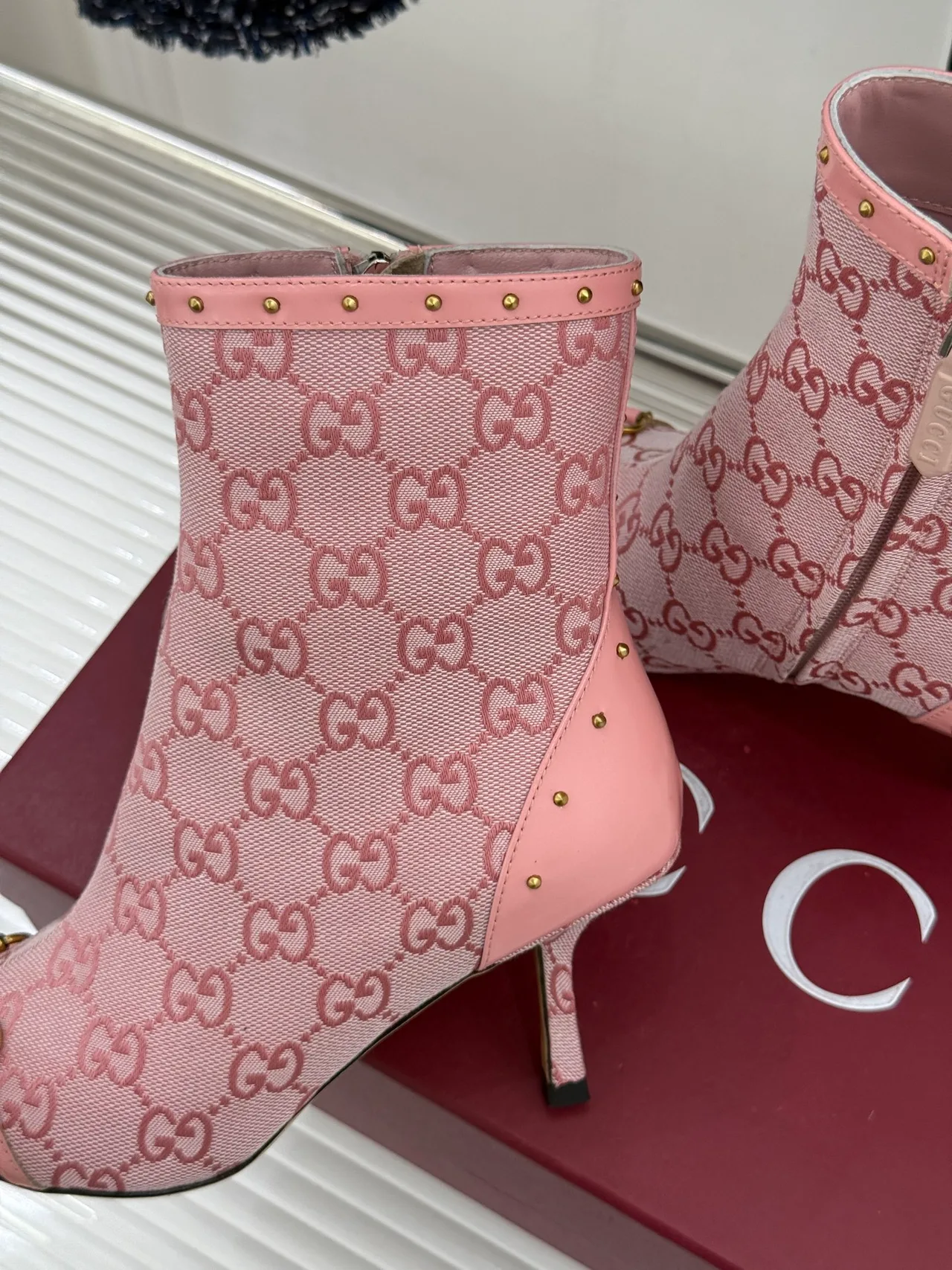 Gucci Sheepskin Canvas Ankle Boots in Pink · view 6