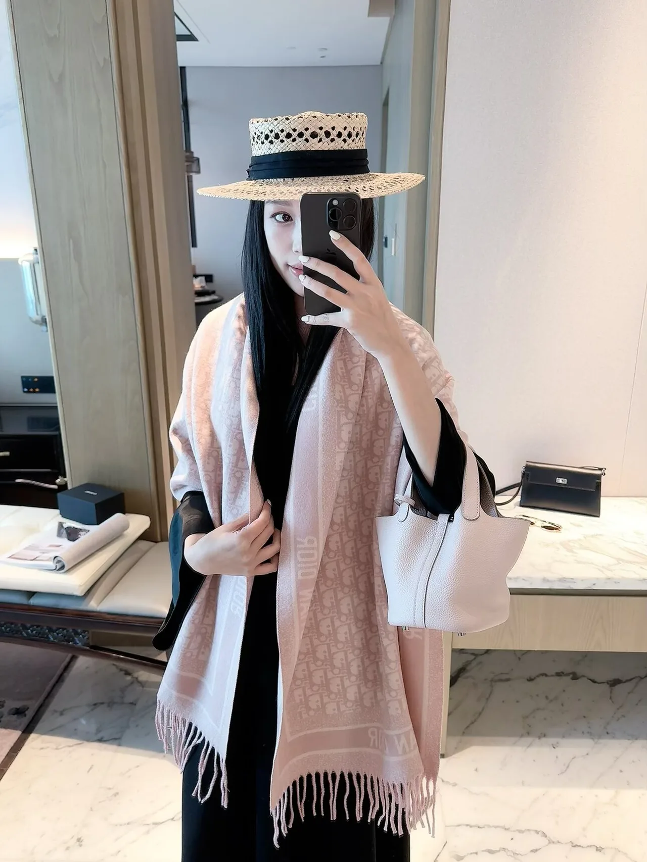 Dior Oblique Border Fringe Scarf in Grey & Pink & Beige · view 2