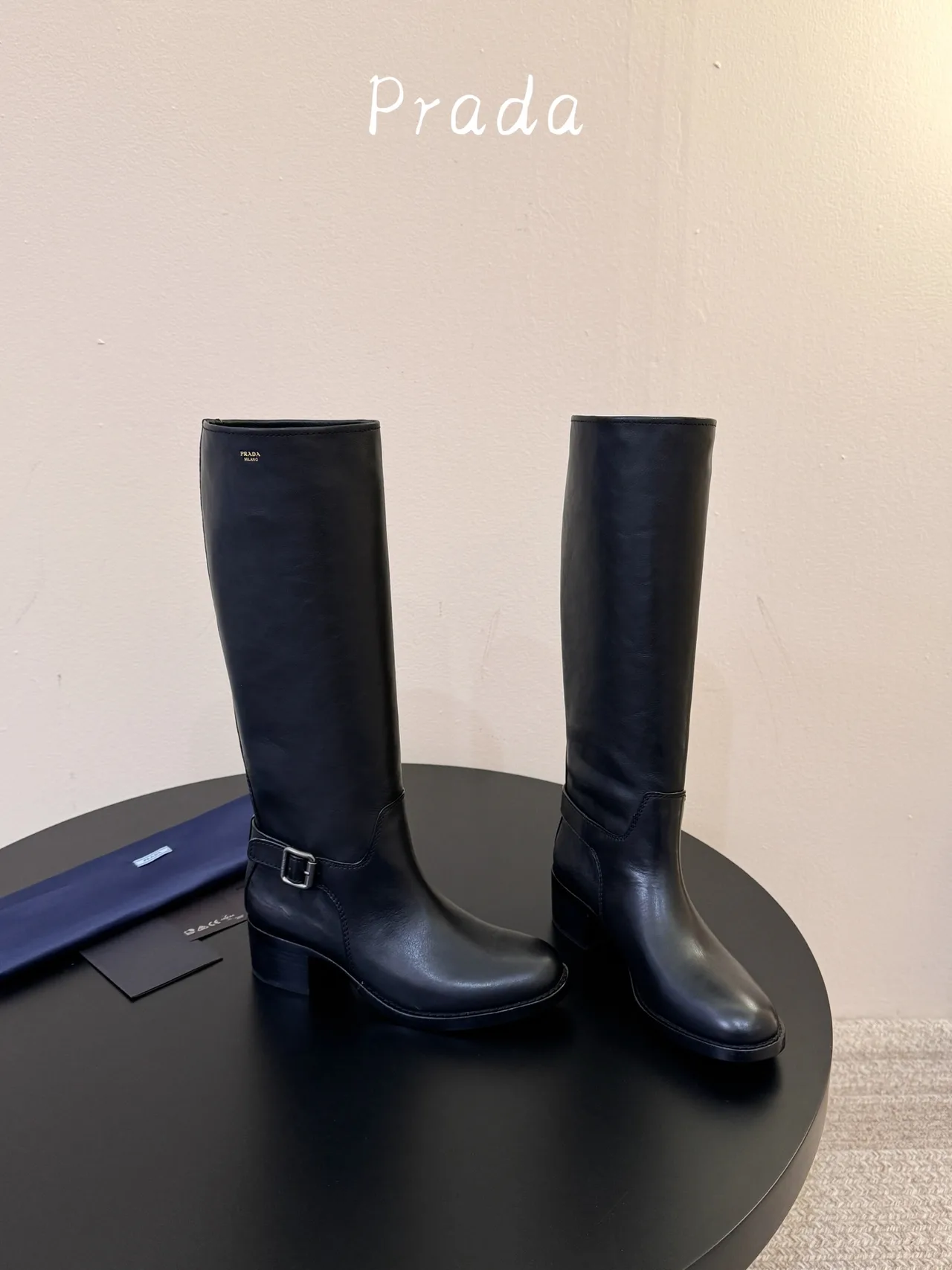 Prada Cowhide Glossy Pointed-Toe Knee-High Boots in Black · view 4