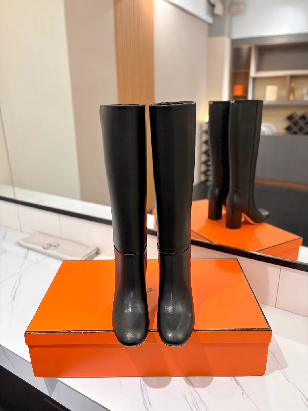 Hermes Cowhide Knee-High Boots in Black · view 3