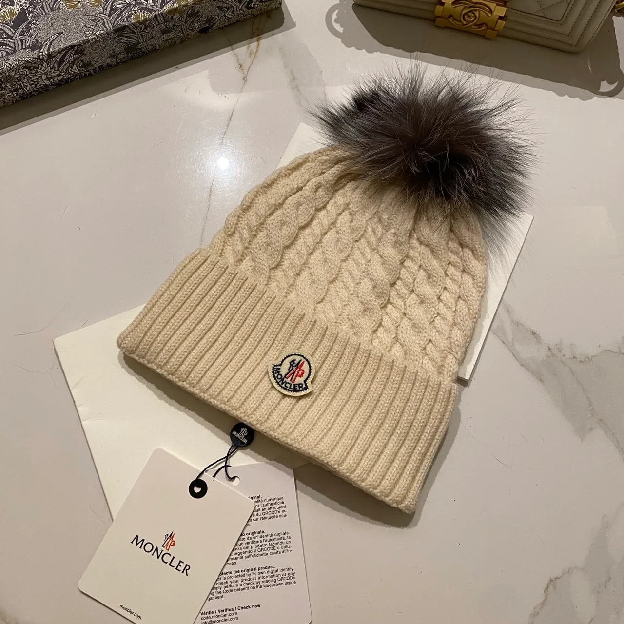 Moncler Cable Pom Beanie in Black & White & Grey & Brown & Burgundy & Beige · view 6