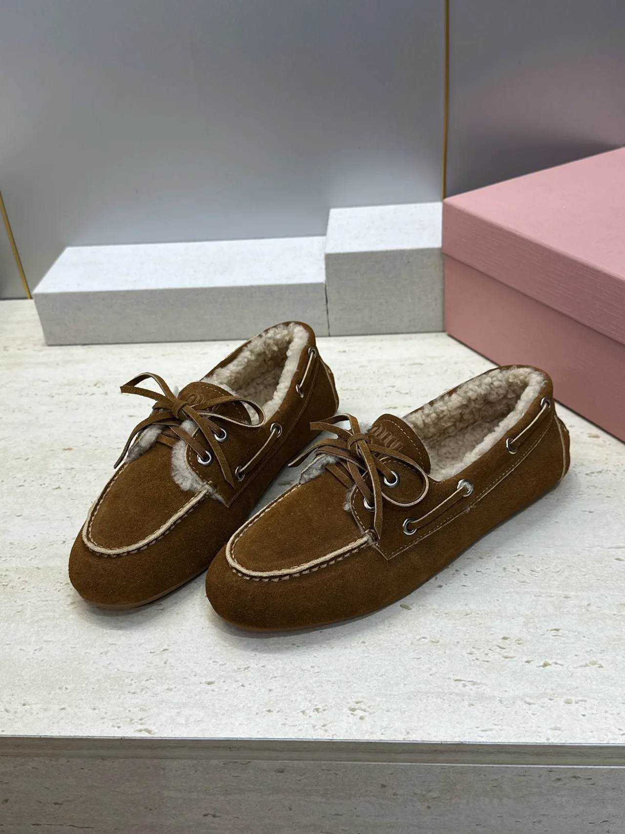 Miu Miu Calfskin Suede-Look Lined Moccasins in Brown · view 3