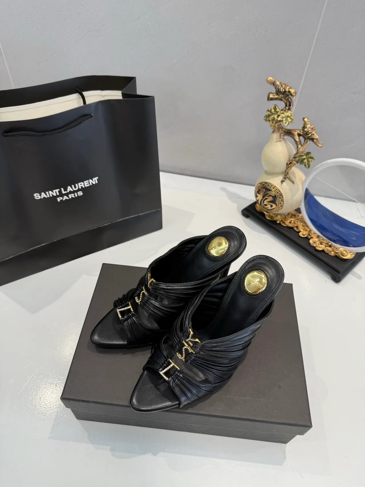 Saint Laurent Letter-Strap Heel Mules in Black / Red · view 7