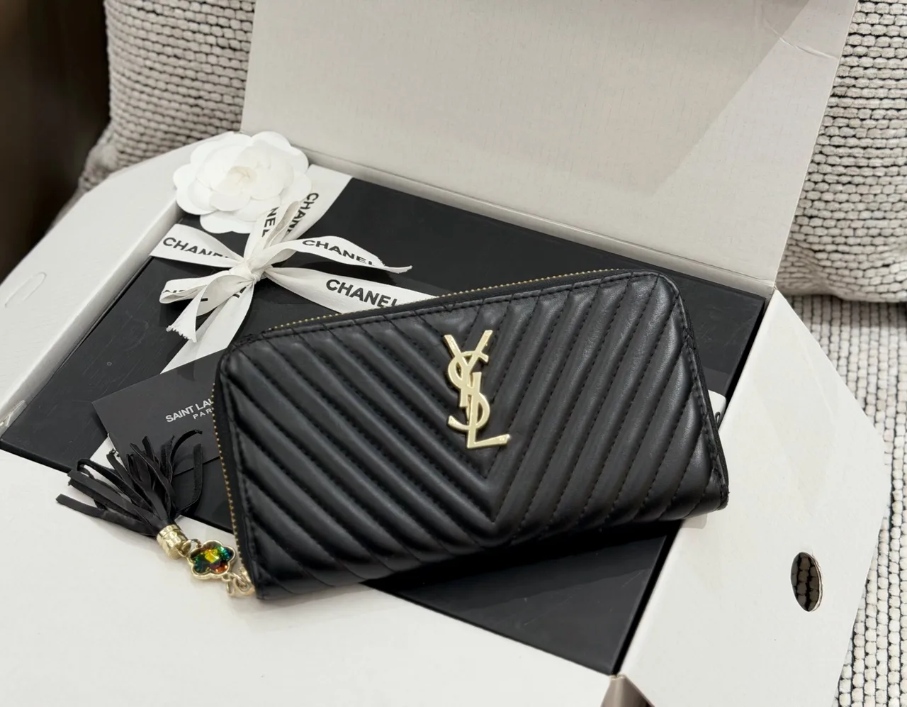 Saint Laurent Long Wallet in Beige & Black & Brown · view 3