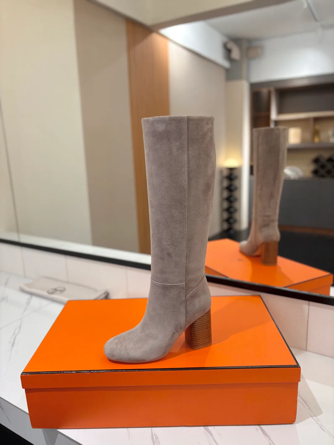 Hermes Cowhide Knee-High Boots in Grey · view 6