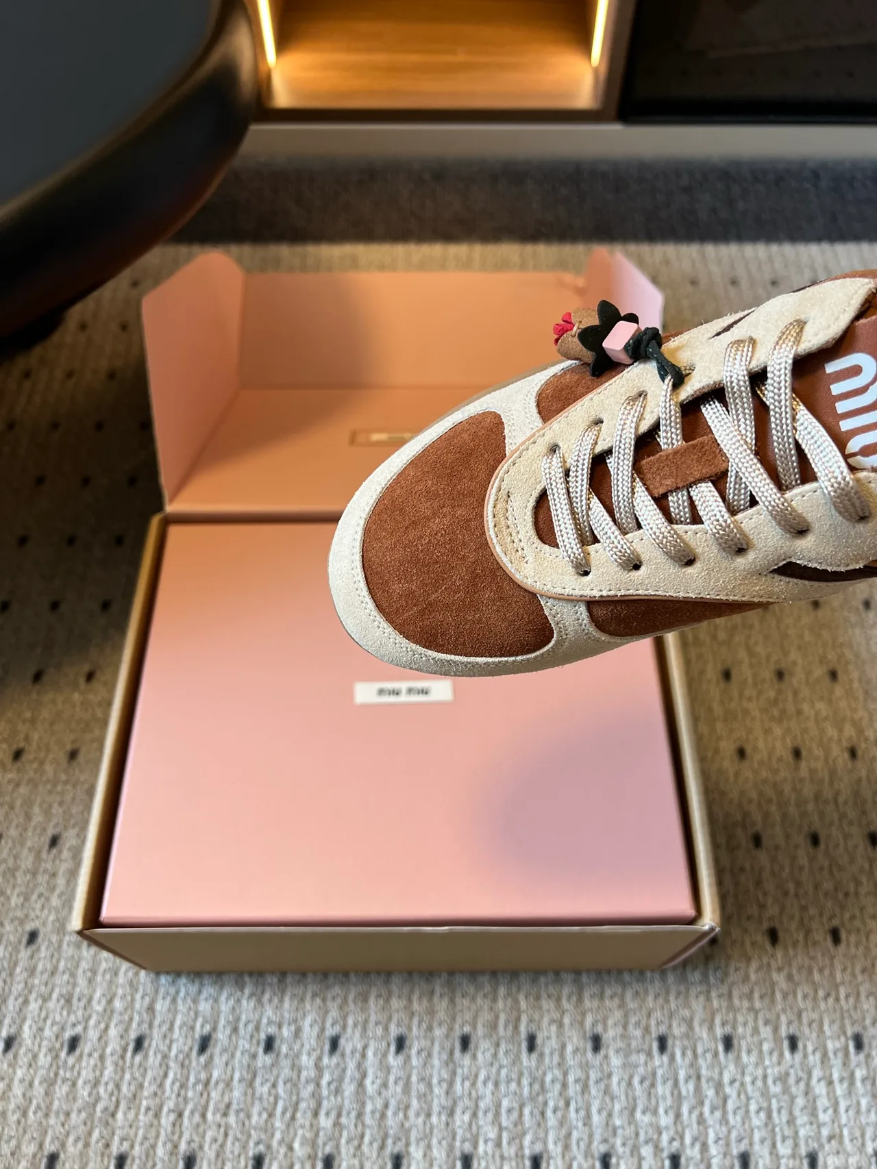 Miu Miu Suede-Look Round-Toe Low-Top Sneakers in Brown · view 7