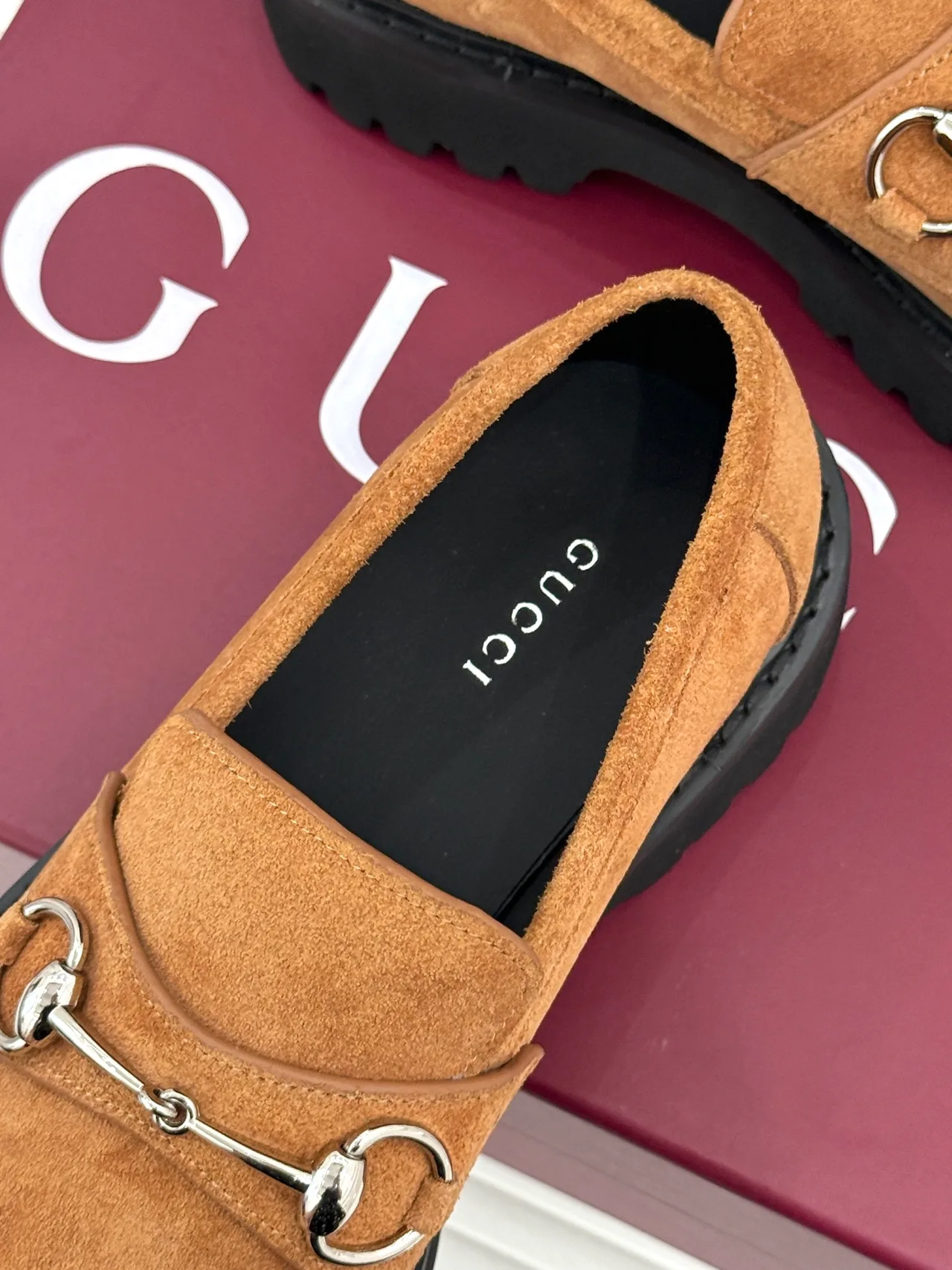 Gucci Glossy Suede-Look Round-Toe Loafers in Tan · view 8