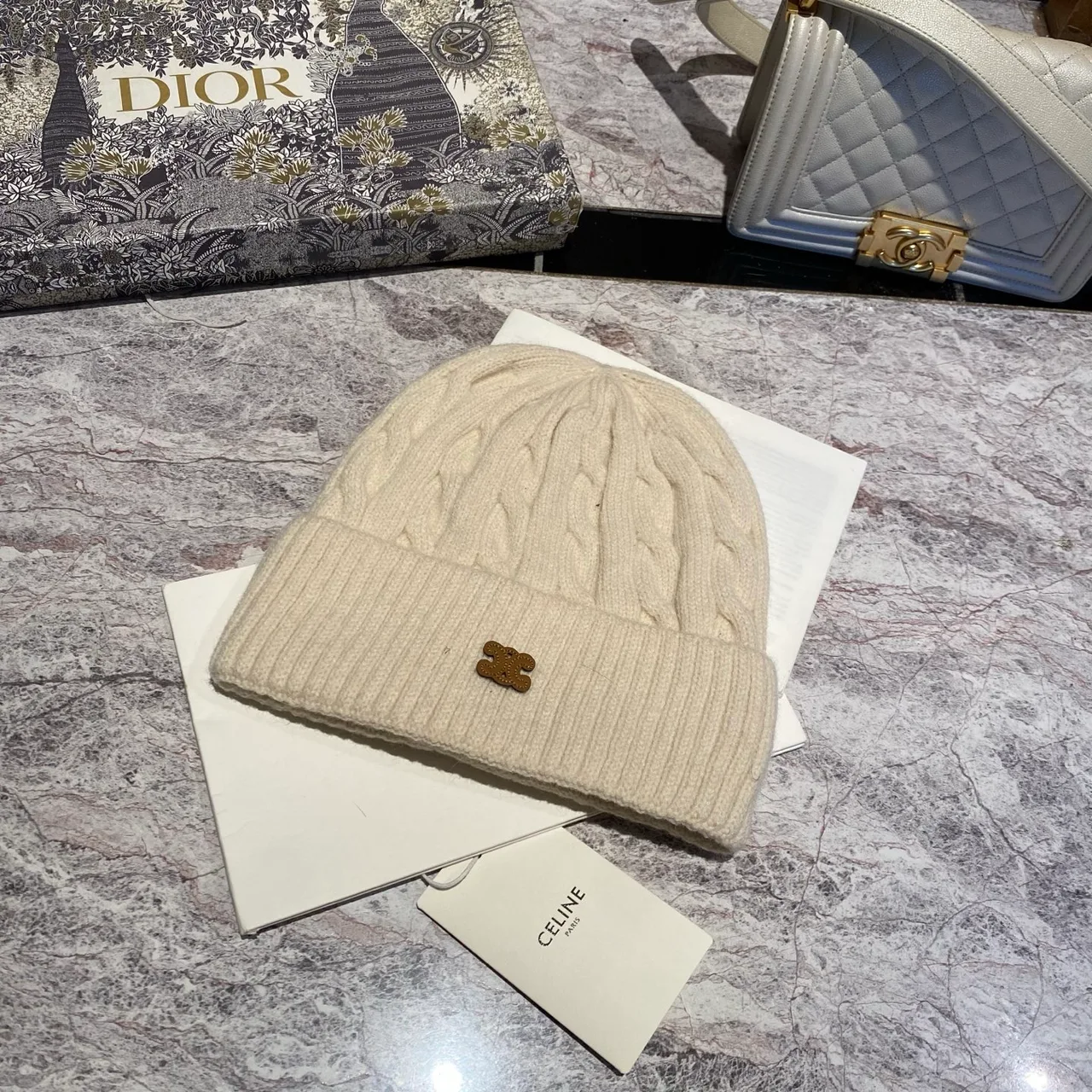 Celine Cable knit beanie in White & Black & Blue & Brown & Grey & Burgundy & Cream & Pink · view 7