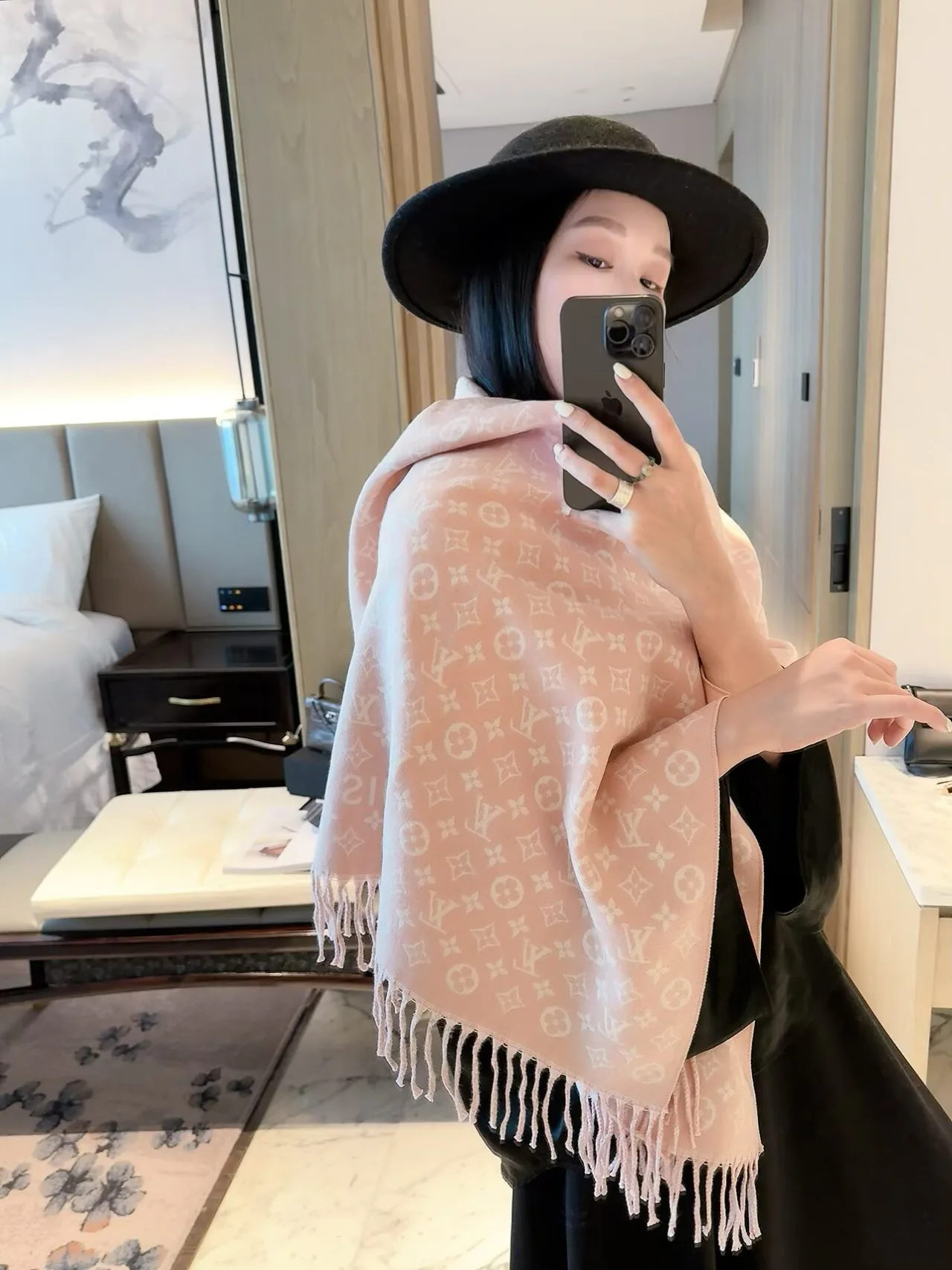 Louis Vuitton Fringed Monogram Scarf in Pink & Black · view 3