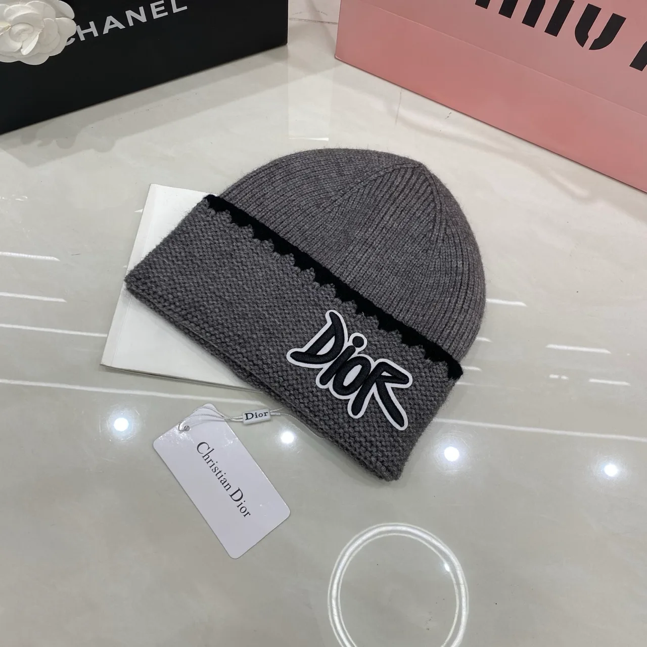 Dior Letter knit beanie in Black & White & Grey & Brown · view 3