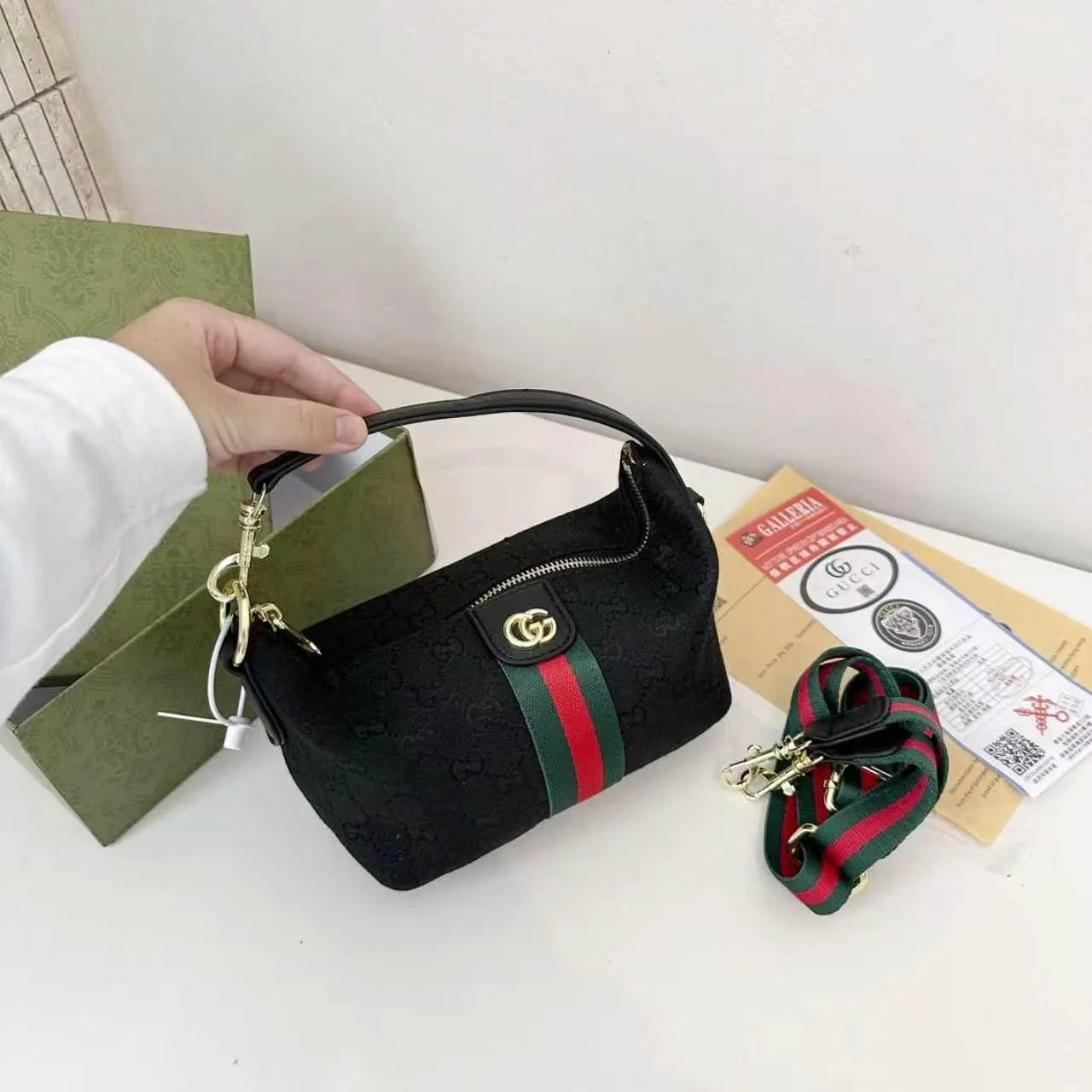 Gucci Web Shoulder Bag in Black & Beige · view 3