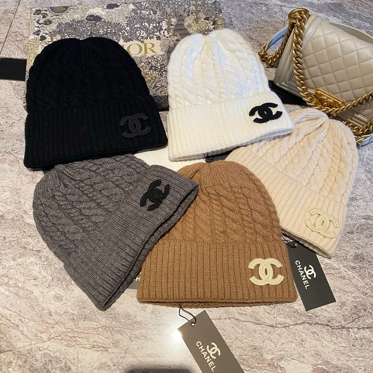 Chanel Cable-knit CC beanie in Black & White & Beige & Tan & Grey · view 7