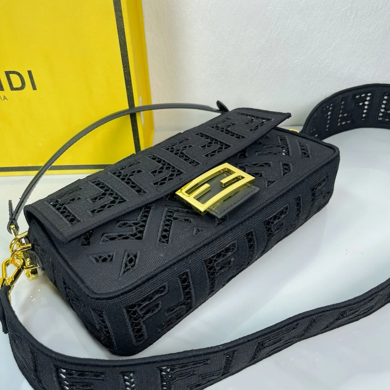 Fendi Canvas Cutout FF-Pattern Flap Shoulder Bag in Black · view 4
