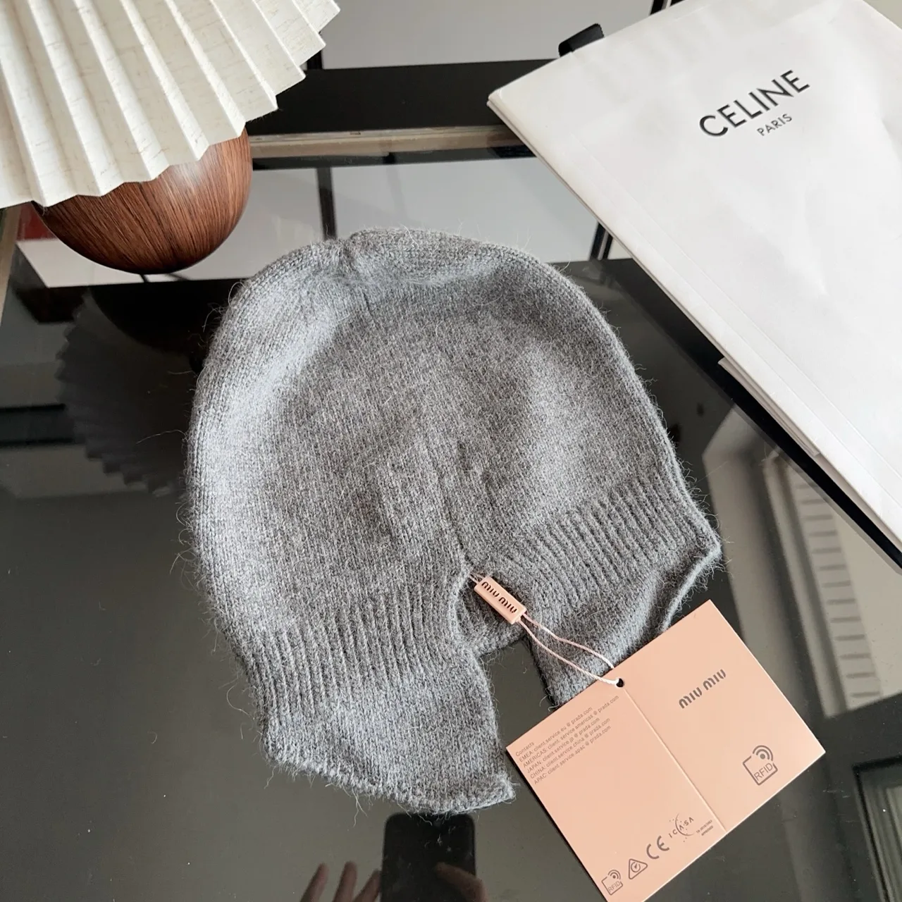 Miu Miu Ribbed Beanie in Grey · view 5
