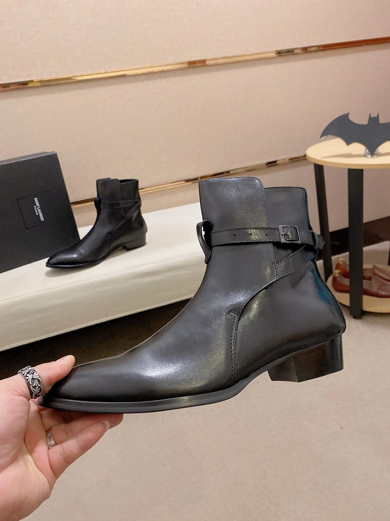 Saint Laurent Cowhide Glossy Pointed-Toe Buckle Ankle Boots in Black · view 3