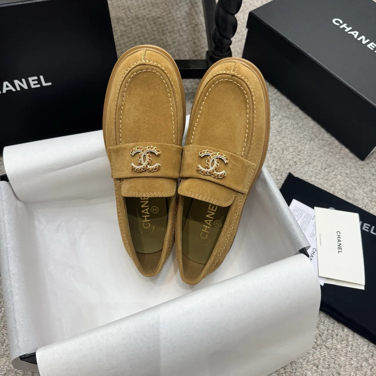 Chanel Cowhide Suede-Look Loafers in Brown · view 1