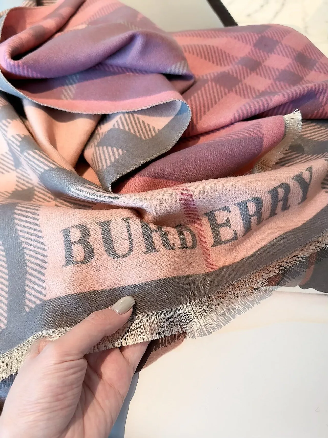 Burberry Check Fringed Scarf in Cream & Pink · view 8