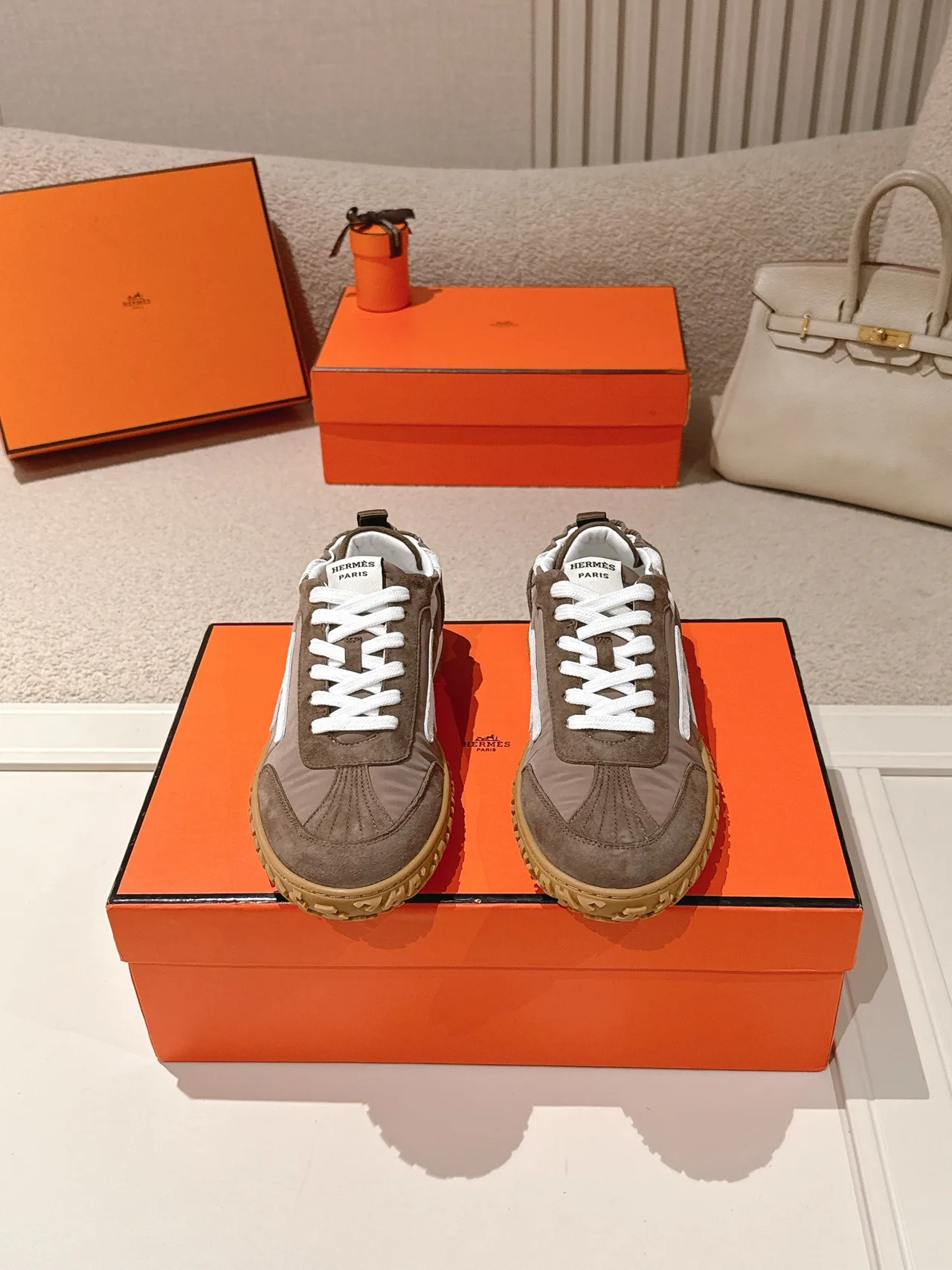 Hermes Sheepskin Suede Sneakers in Brown · view 1