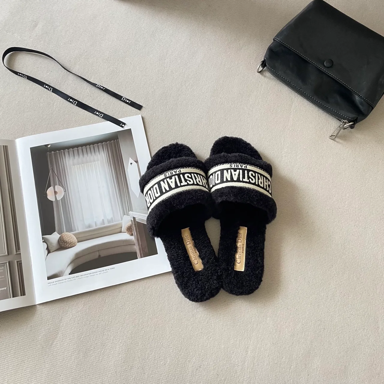 Dior Wool Cashmere Fuzzy Slides in Black · view 3