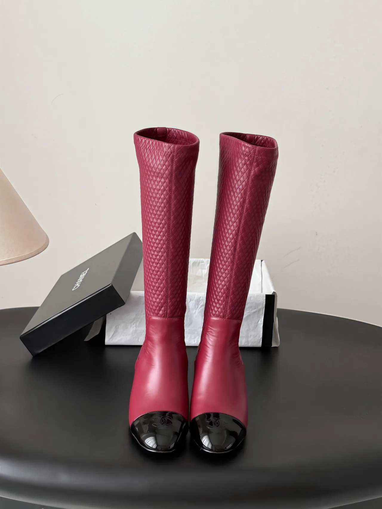 Chanel Cowhide Pointed-Toe Boots in Burgundy · view 1