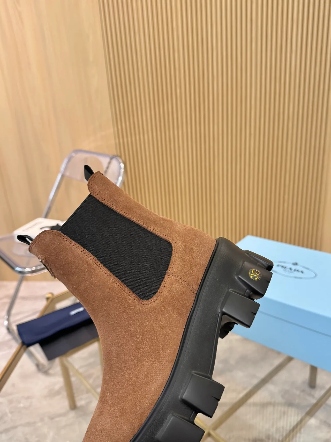 Prada Suede-Look Chelsea Boots in Brown · view 6