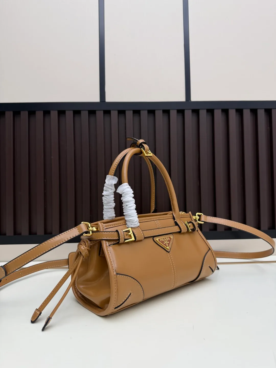 Prada Calfskin Top-Handle Bag in Tan · view 2