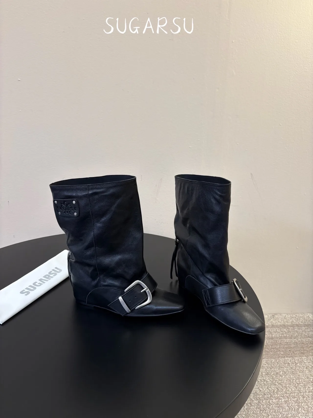 Sugar Su Sheepskin Glossy Square-Toe Boots in Black · view 4