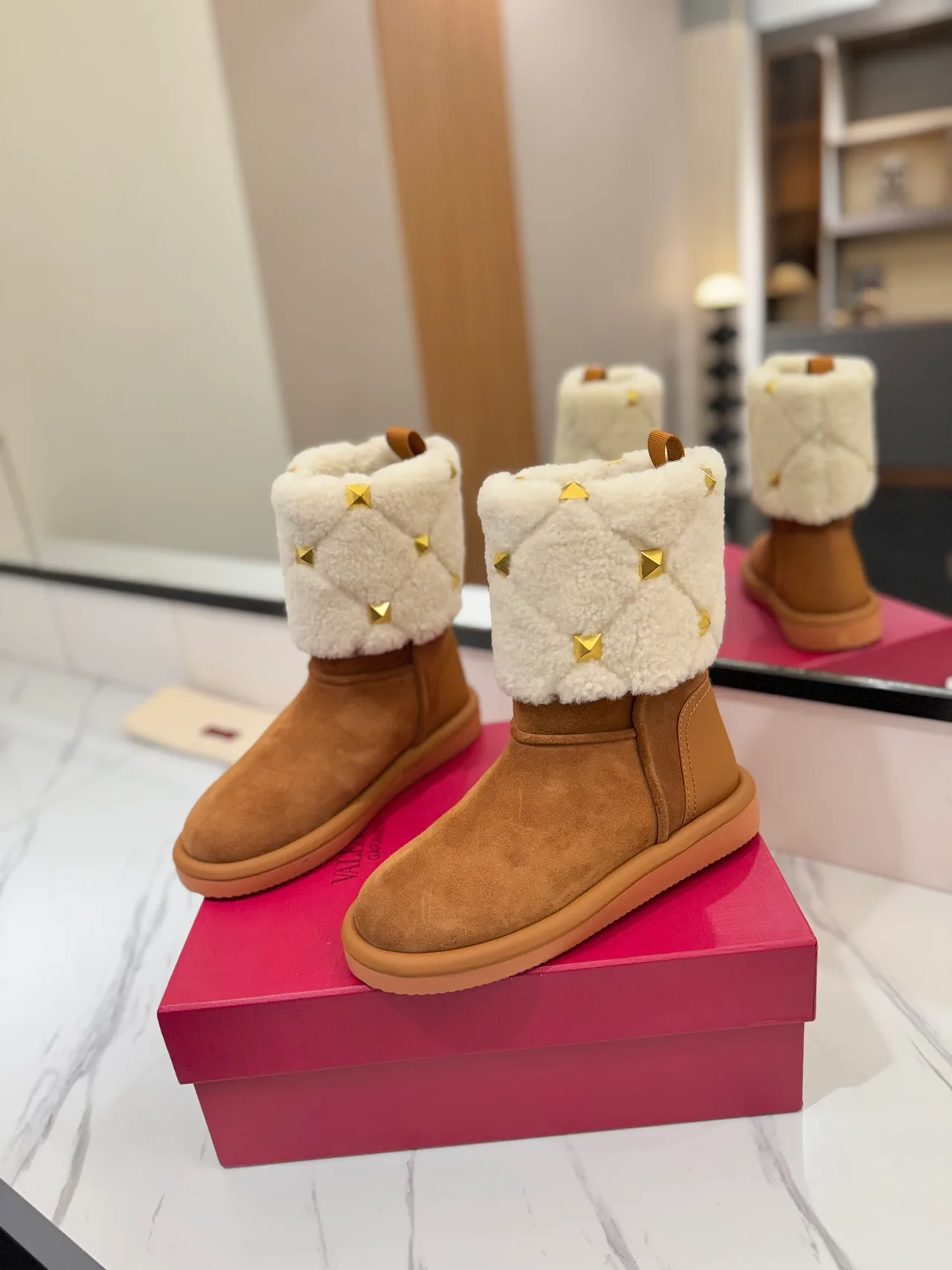 Valentino Quilted Suede-Look Boots in Tan · view 2