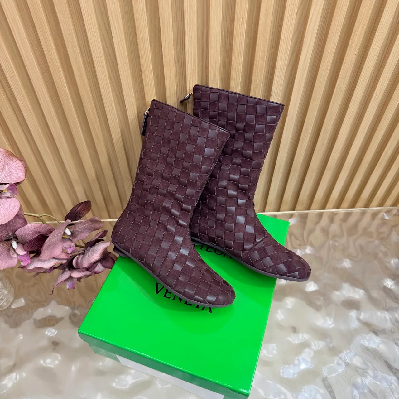 Bottega Veneta Woven Glossy Pointed-Toe Ankle Boots in Brown · view 3