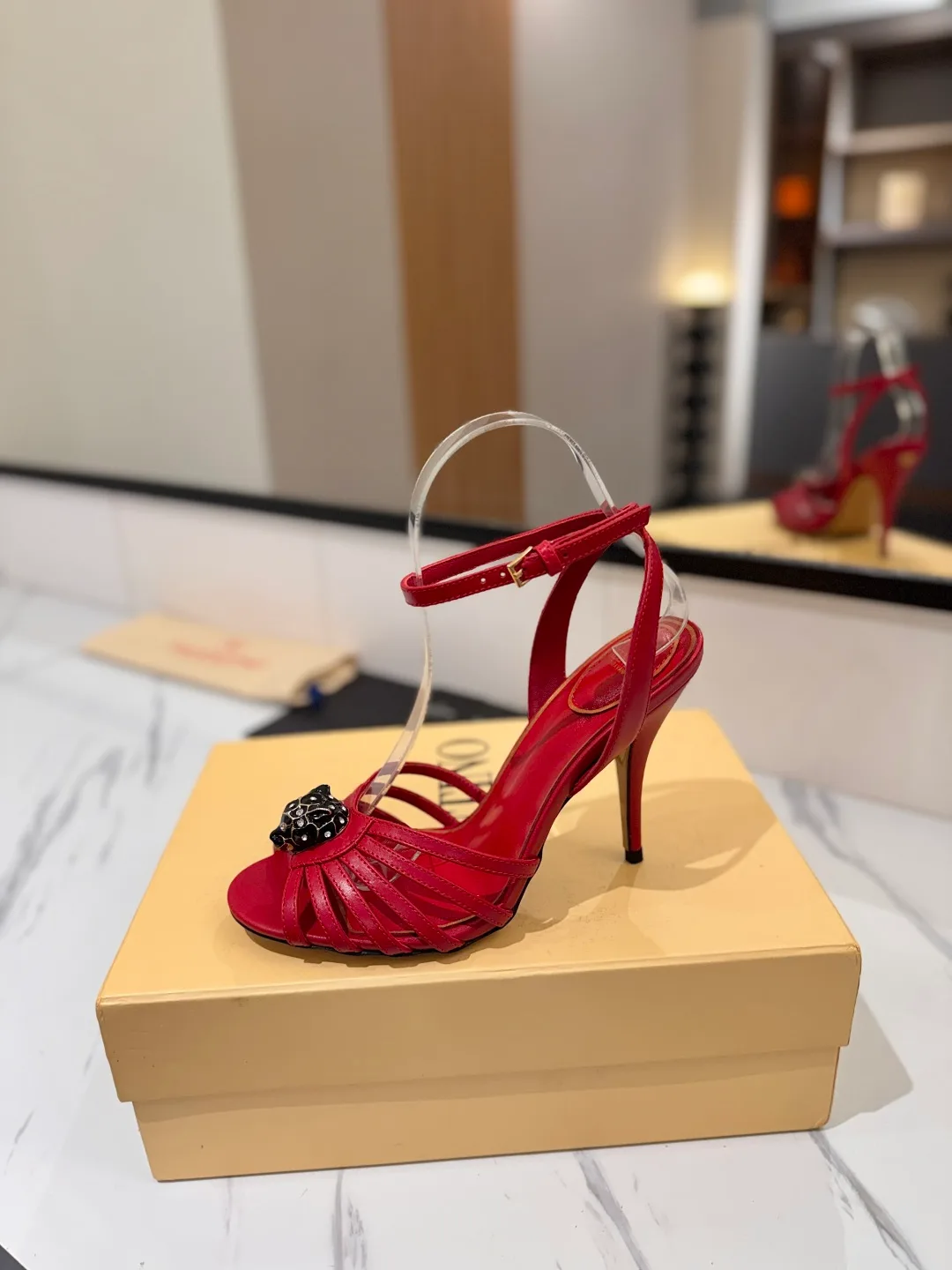 Valentino Pointed-Toe Crystal Cage Heel Sandals in Red · view 4