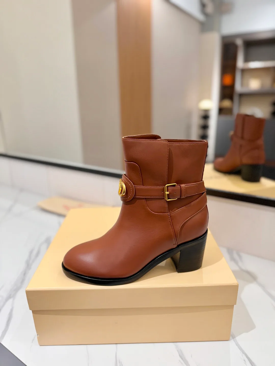 Valentino Calfskin Smooth Ankle Boots in Brown · view 4