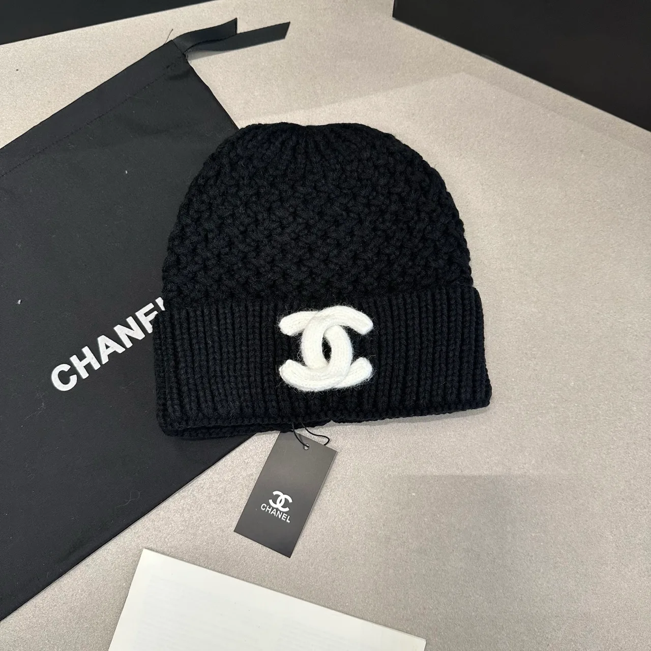 Chanel Knit Beanie in Cream & Black · view 2