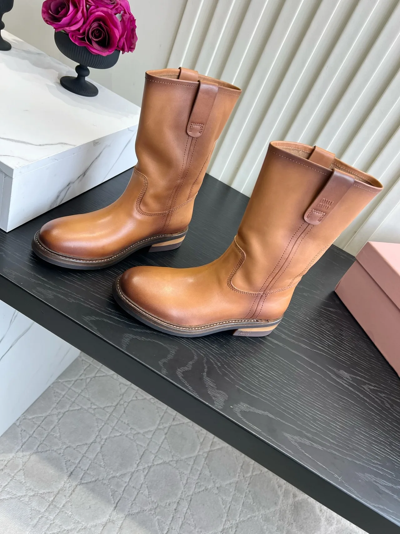Miu Miu Cowhide Smooth Round-Toe Mid-Calf Boots in Tan · view 2