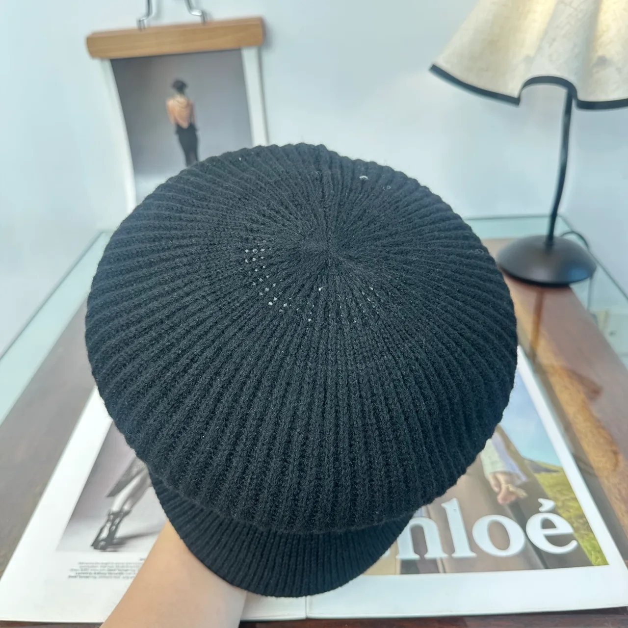 Miu Miu Ribbed Newsboy Cap in Black · view 8