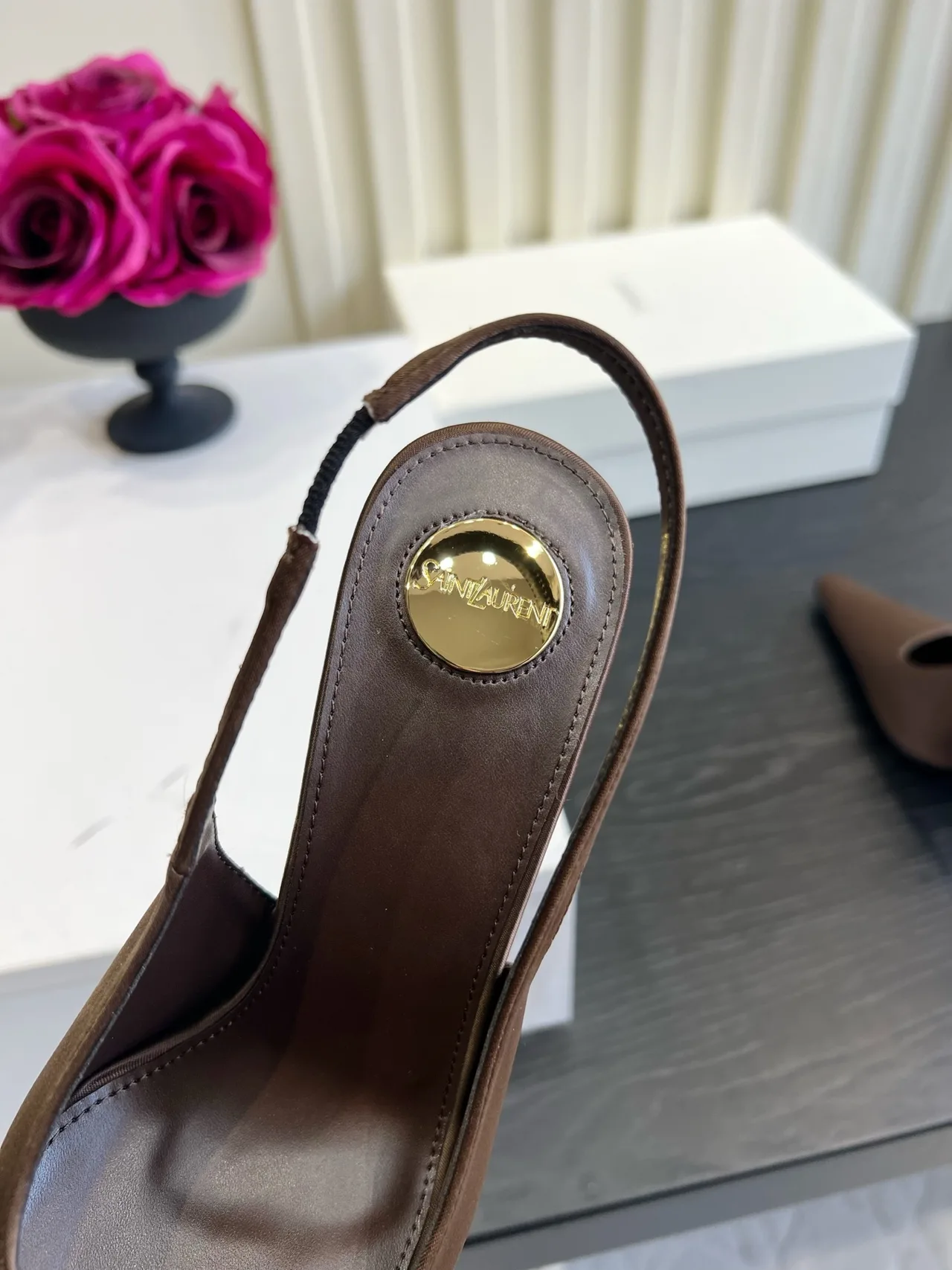 Saint Laurent Cowhide Silk Pointed-Toe Pointed Slingback Pumps in Brown · view 8