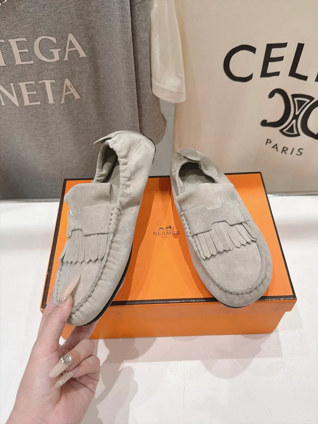 Hermes Suede-Look Round-Toe Loafers in Grey · view 4