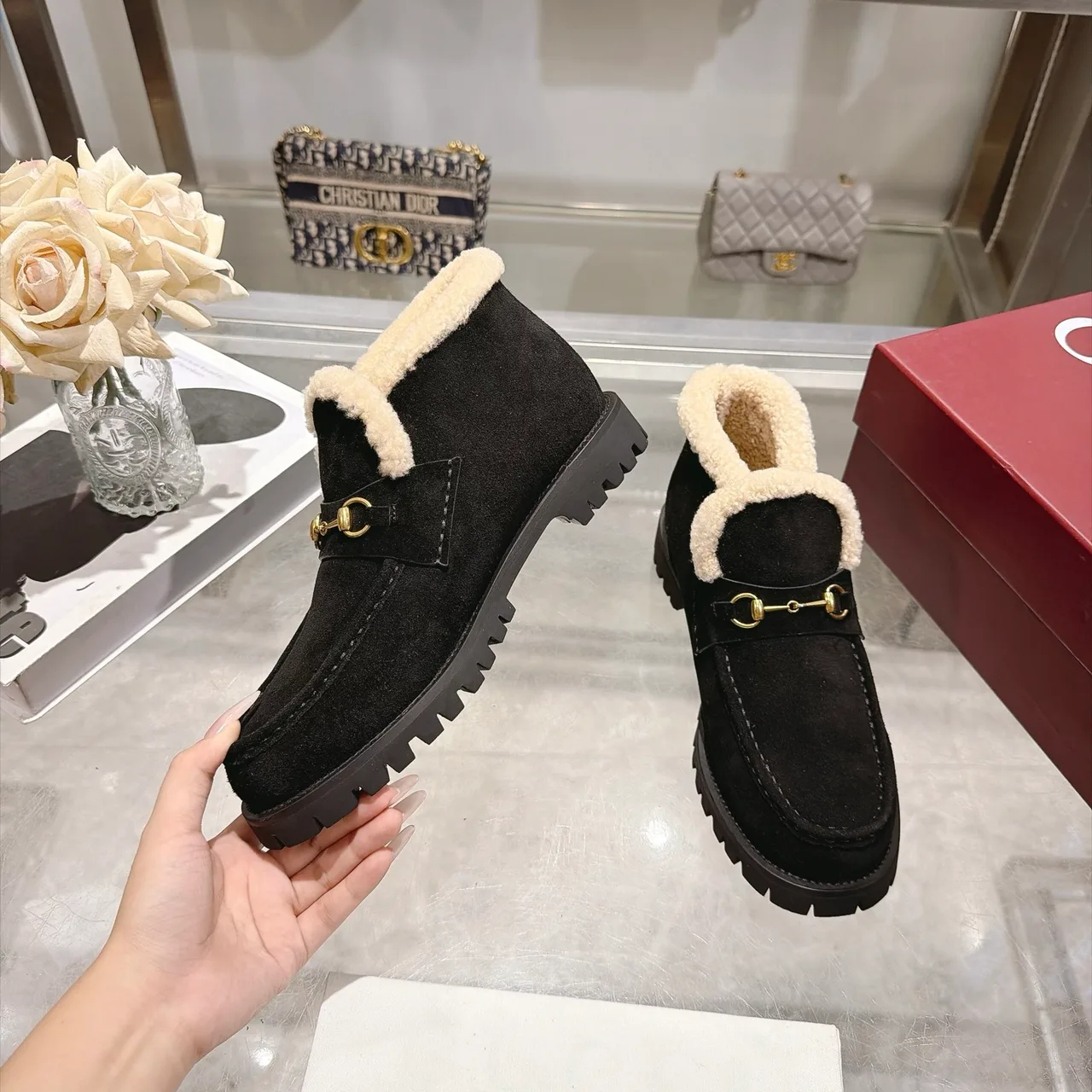 Cowhide Suede-Look Buckle Horsebit Lined Ankle Boots in Black · view 6