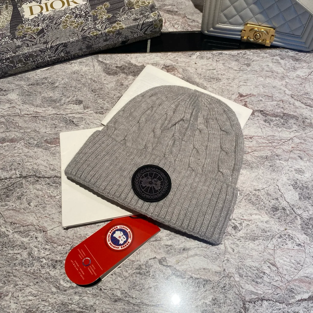 Canada Goose Cable-knit logo beanie in Black & Grey & White & Tan & Cream & Blue & Pink & Burgundy · view 6