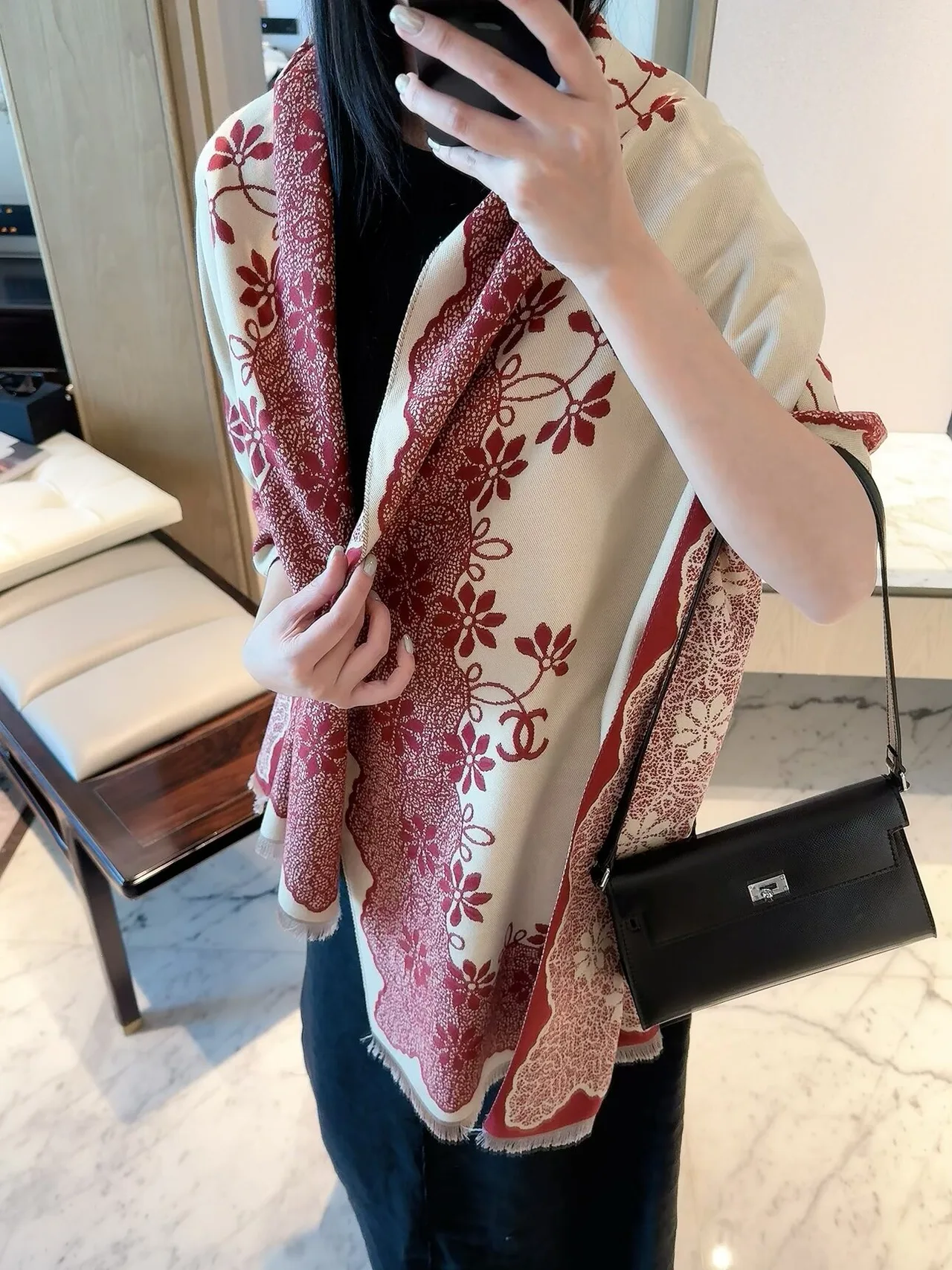 Chanel Camellia Border Shawl in Beige · view 4