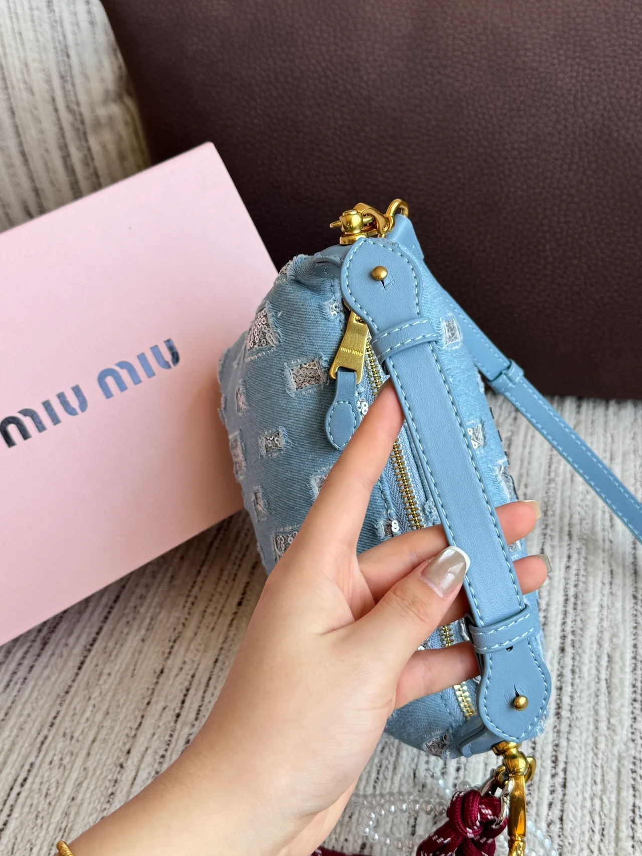 Miu Miu Canvas Denim-Look Sequin-Detail Vanity Bag in Blue · view 6