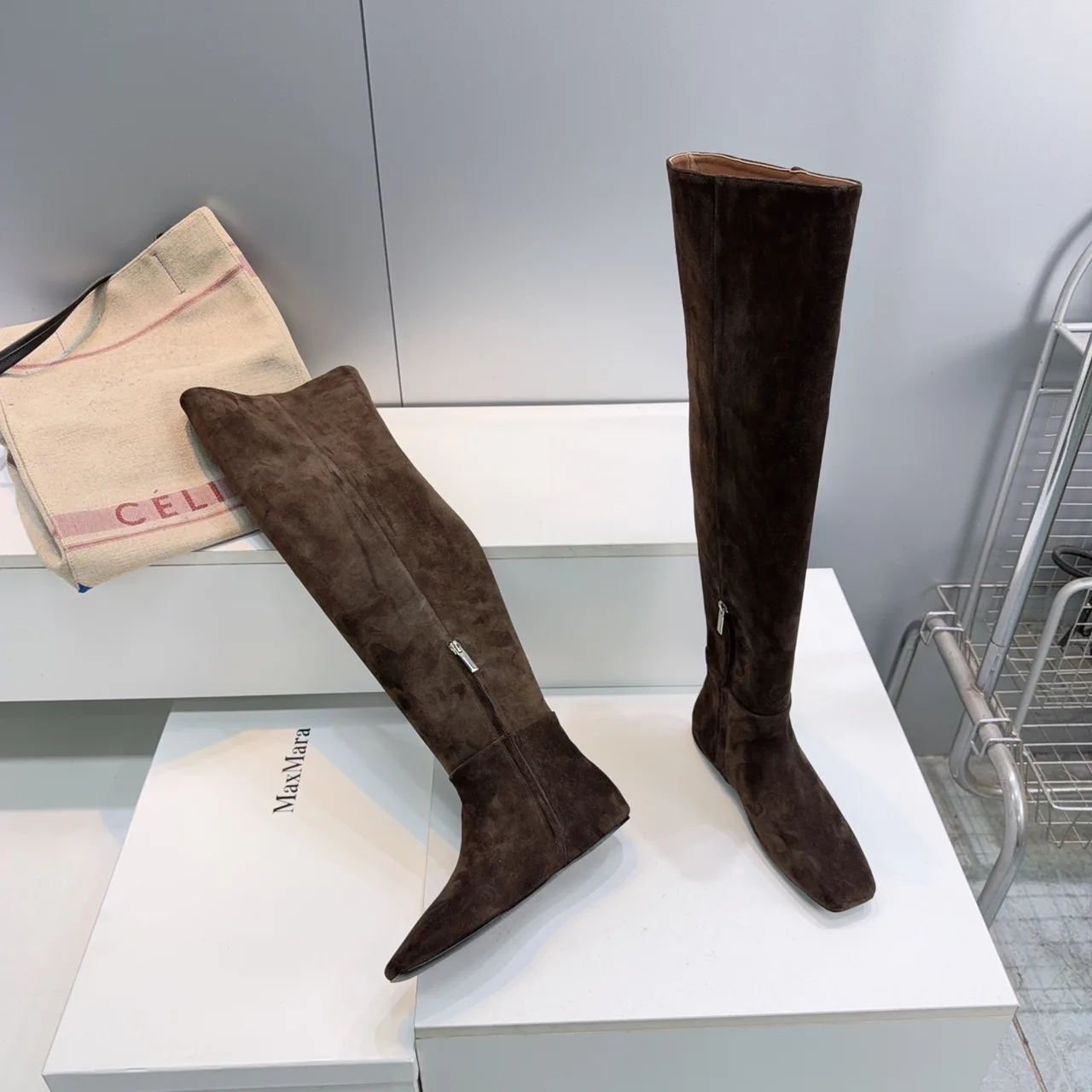 Max Mara Suede-Look Pointed-Toe Knee-High Boots in Brown · view 5