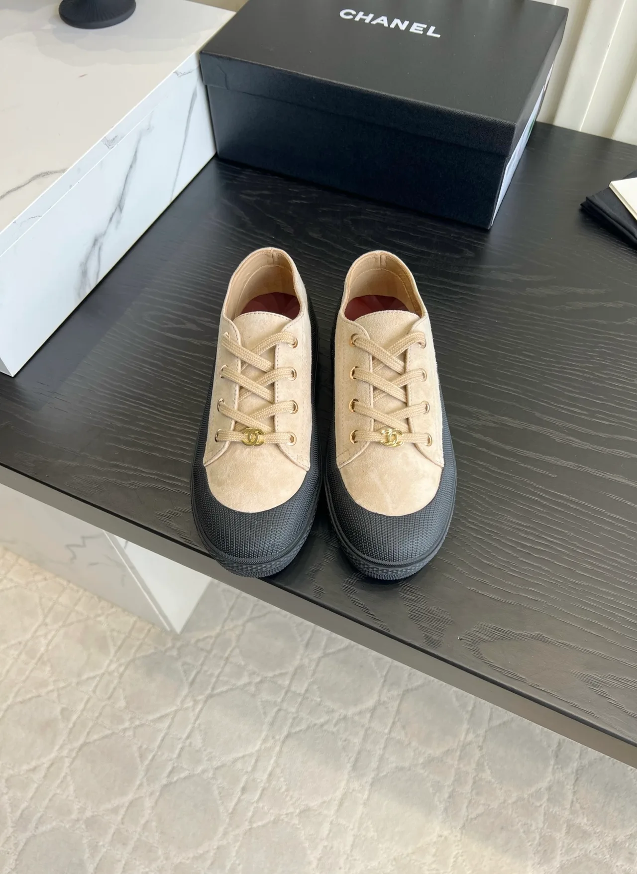 Chanel Suede-Look Round-Toe Sneakers in Beige · view 1