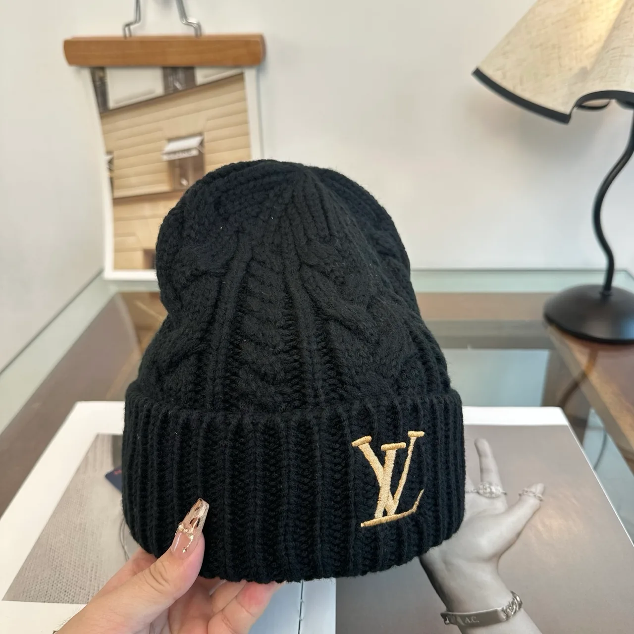Louis Vuitton Cable-Knit Beanie in Blue & Beige & White & Brown & Black · view 6