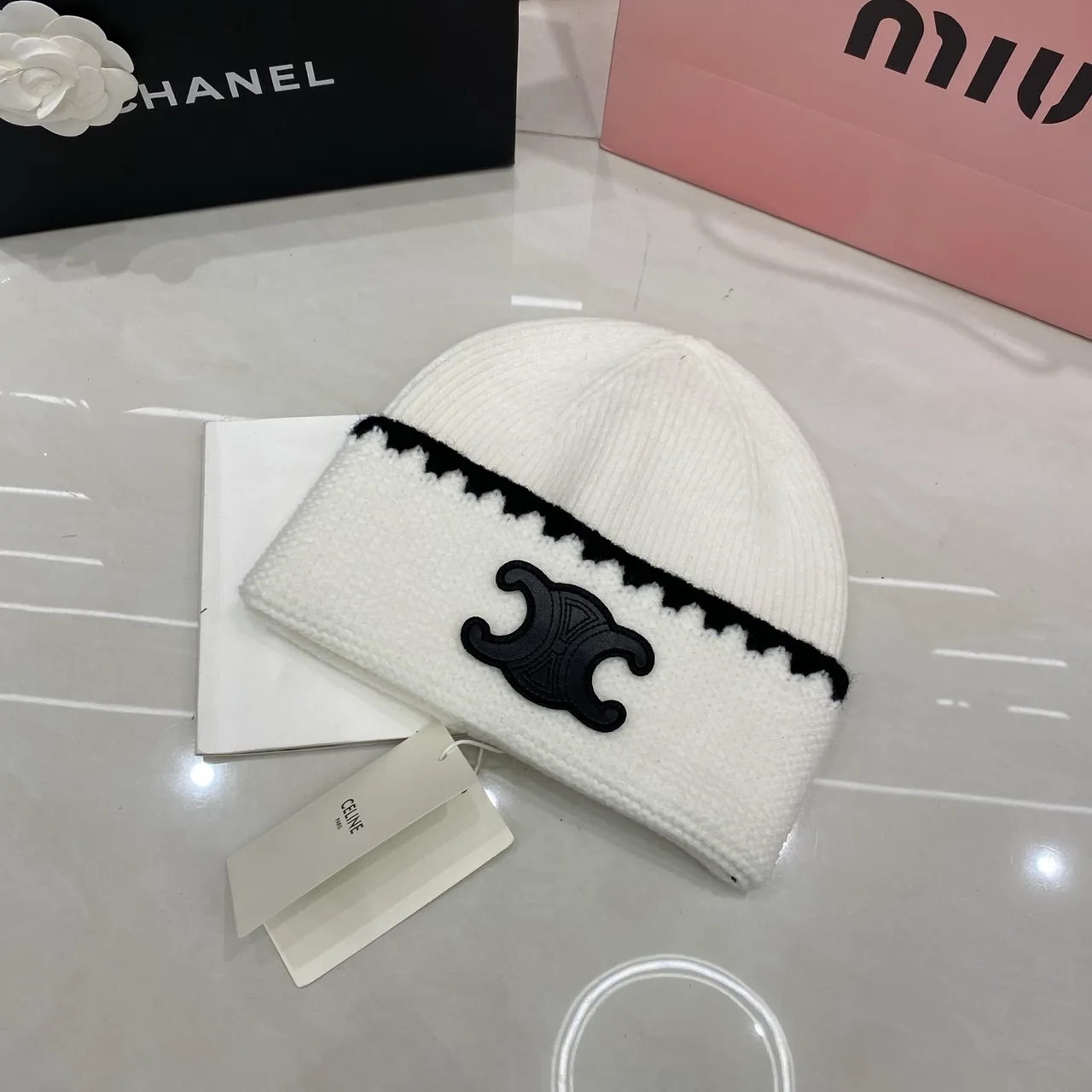 Celine Triomphe Beanie in Black & Brown & White & Grey · view 3