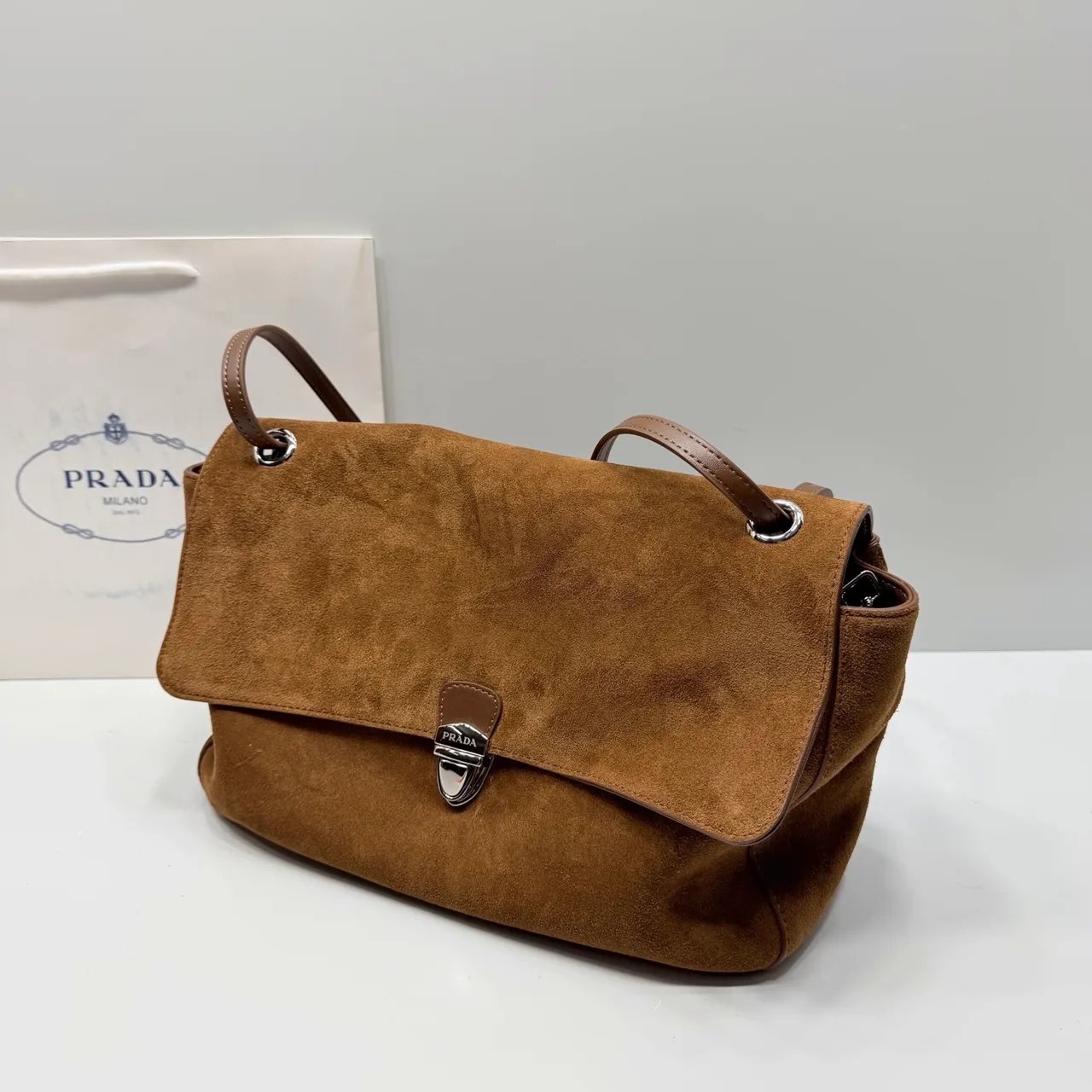 Prada Suede-Look Flap Shoulder Bag in Brown · view 7