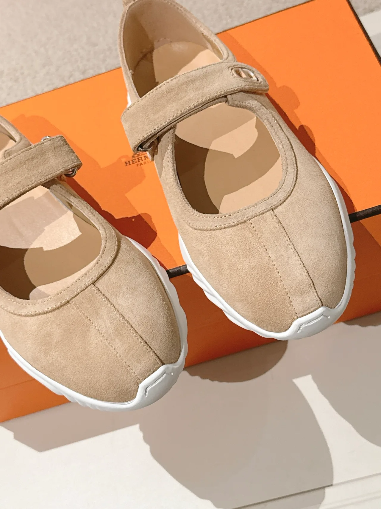 Hermes Lambskin Smooth Mary Jane Shoes in Beige · view 6