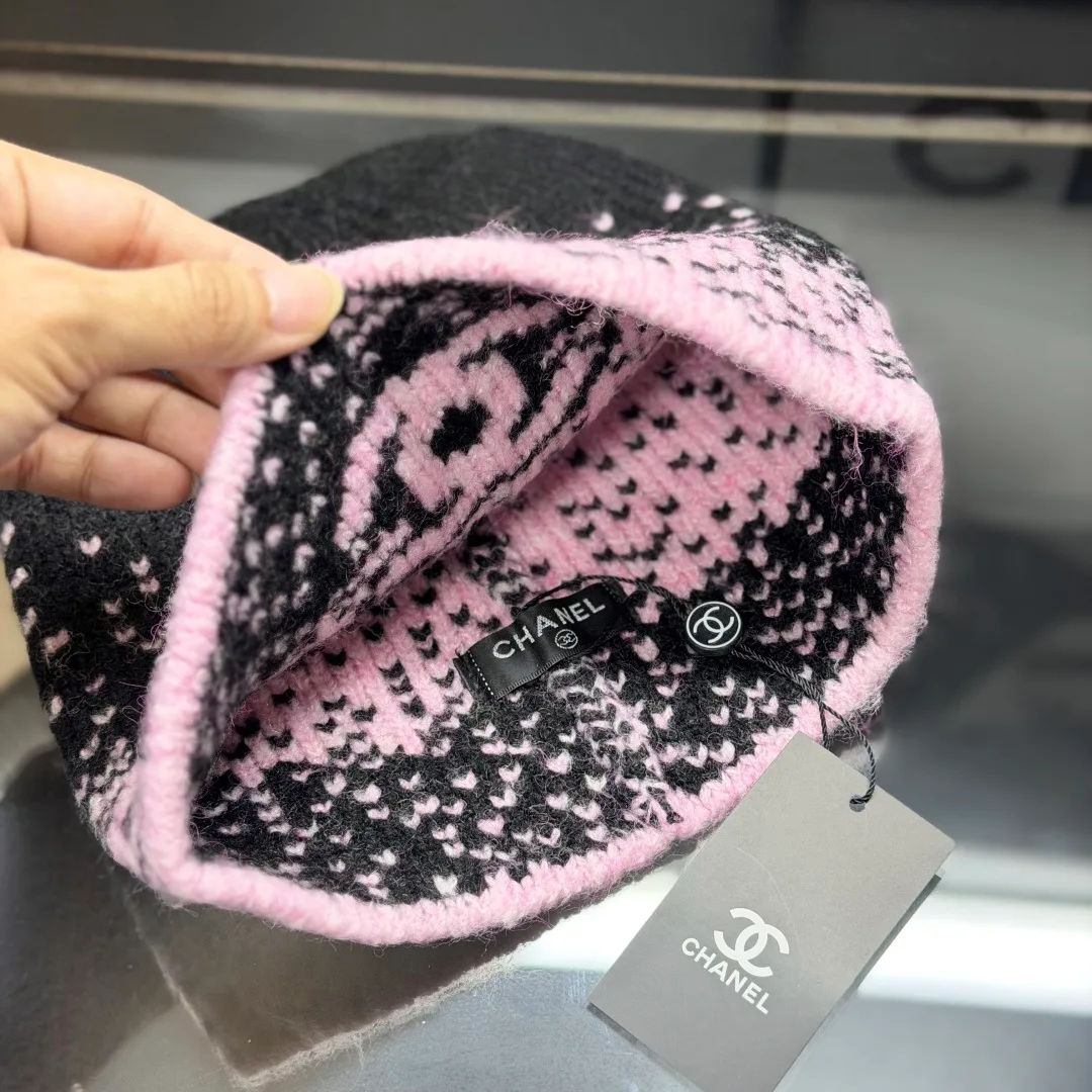 Chanel CC Jacquard Beanie in Black & Grey & Beige & White · view 8