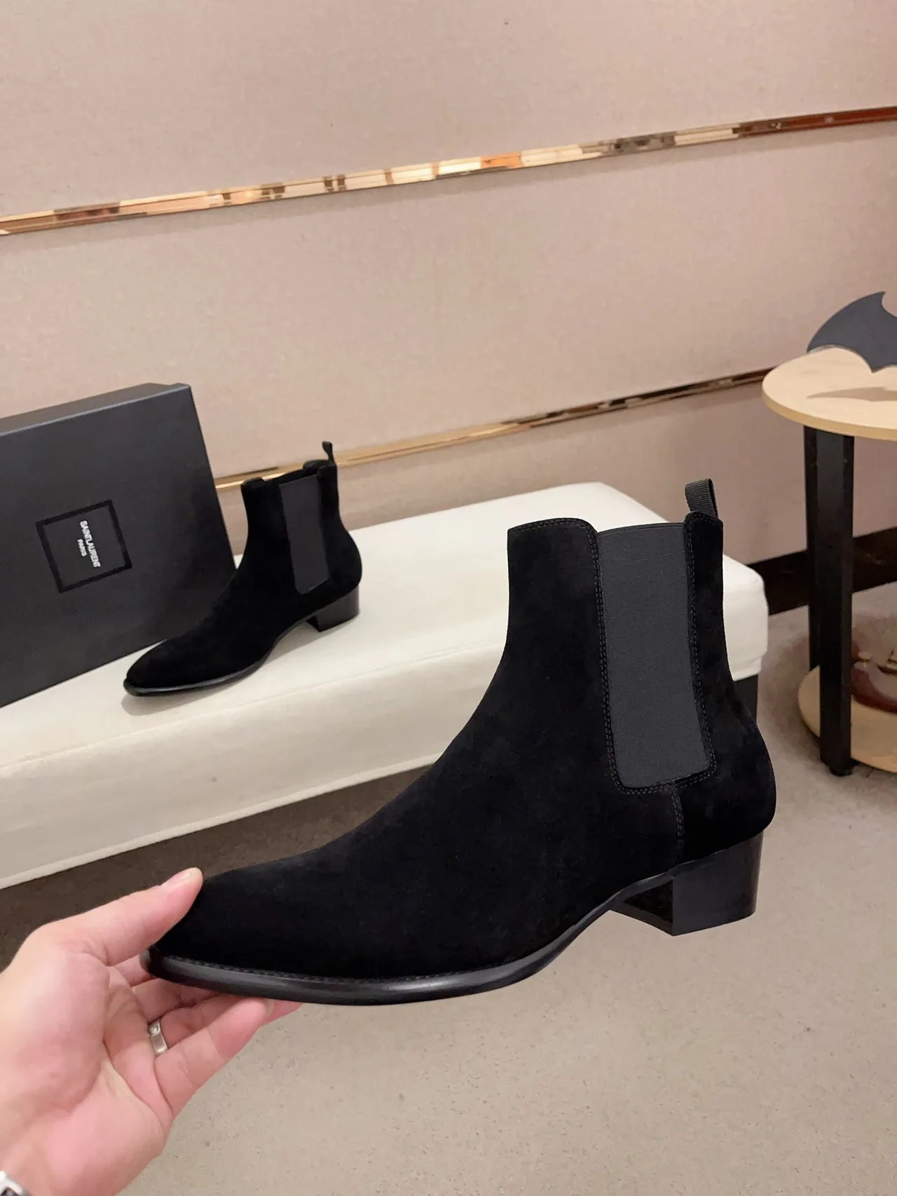 Saint Laurent Cowhide Suede-Look Pointed-Toe Chelsea Boots in Black · view 2