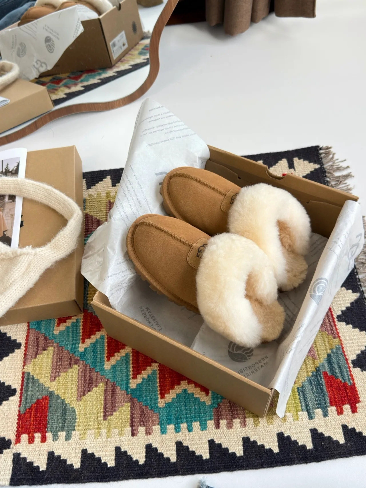 Round-Toe Plush-Cuff Flat Mules in Brown · view 7