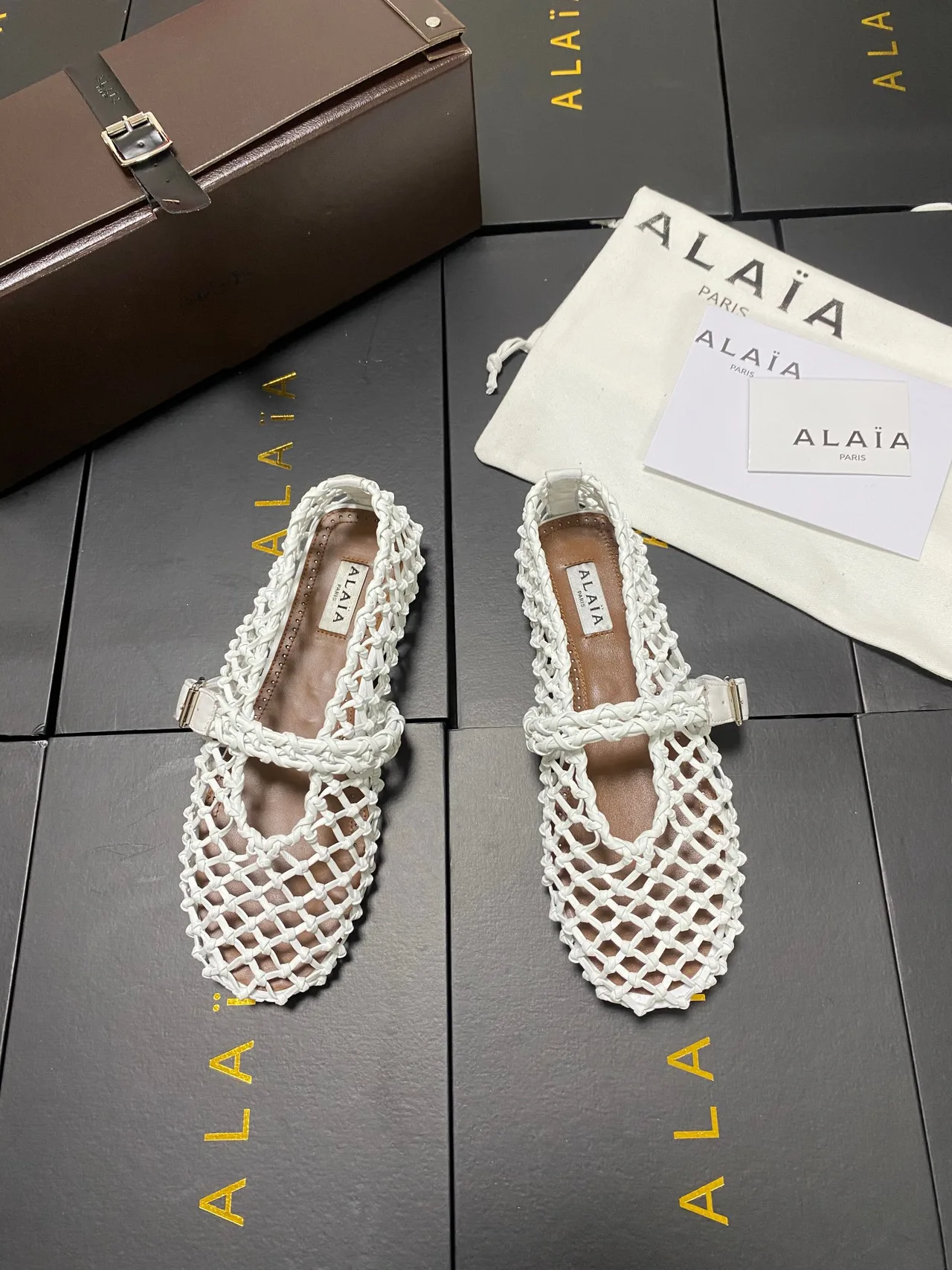 Alaia Cowhide Sheepskin Square-Toe Mesh Mary Jane Flats in White · view 2